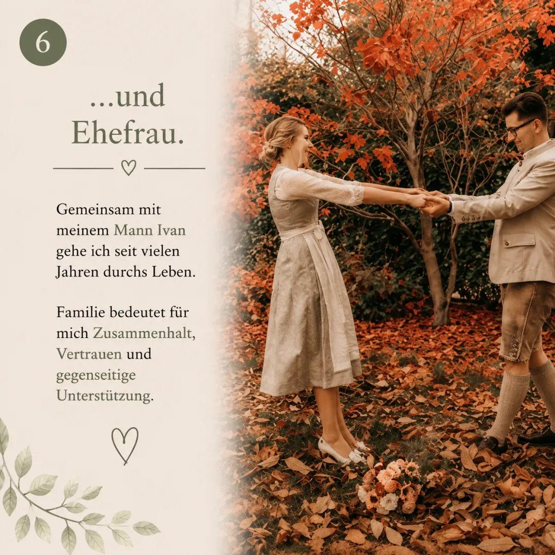 ...und Ehefrau: Gemeinsam mit meinem Mann Ivan gehe ich seit vielen Jahren durchs Leben. Familie bedeutet fuer mich Zusammenhalt und Vertrauen.