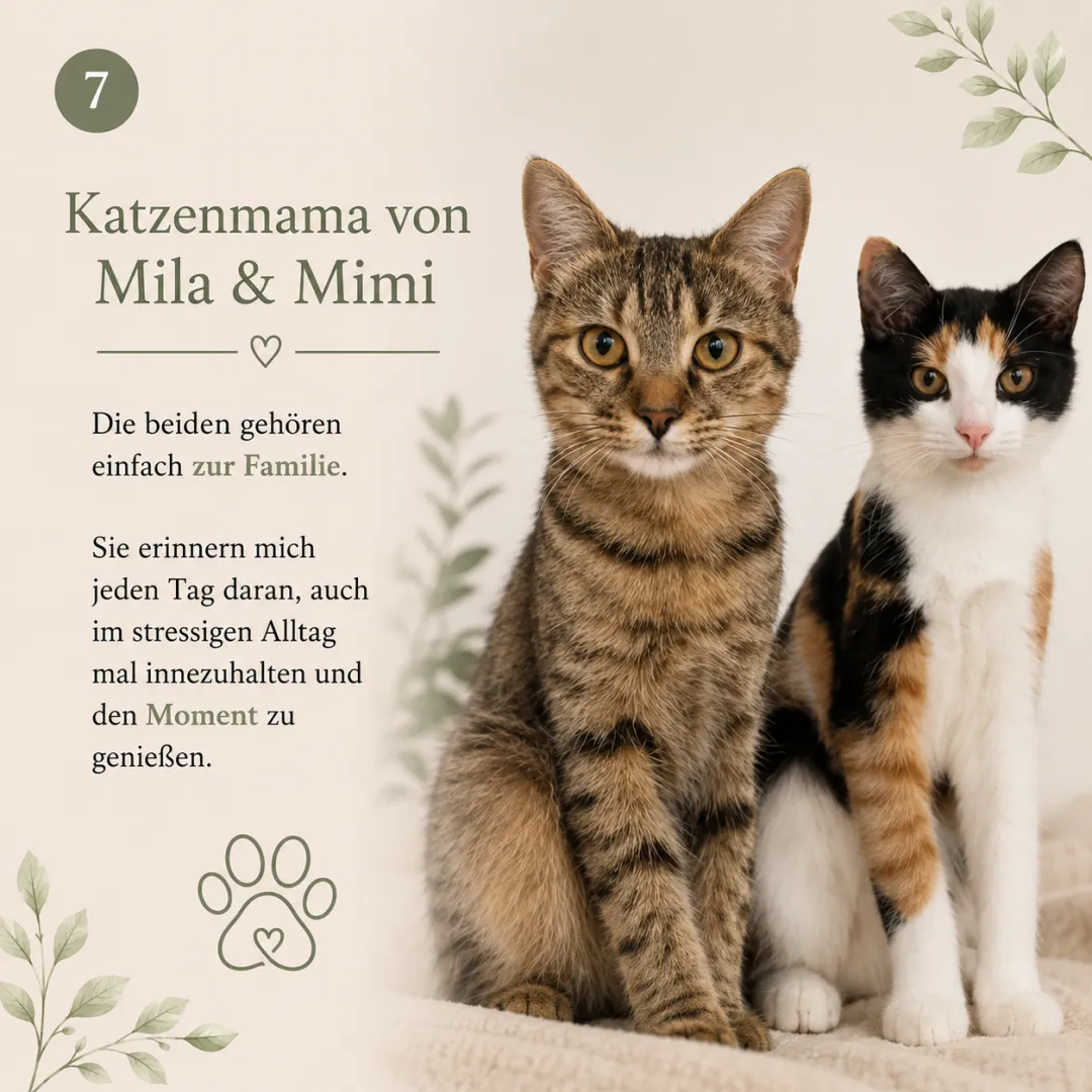 Katzenmama von Mila und Mimi – die beiden erinnern mich jeden Tag daran, auch im stressigen Alltag den Moment zu geniessen.