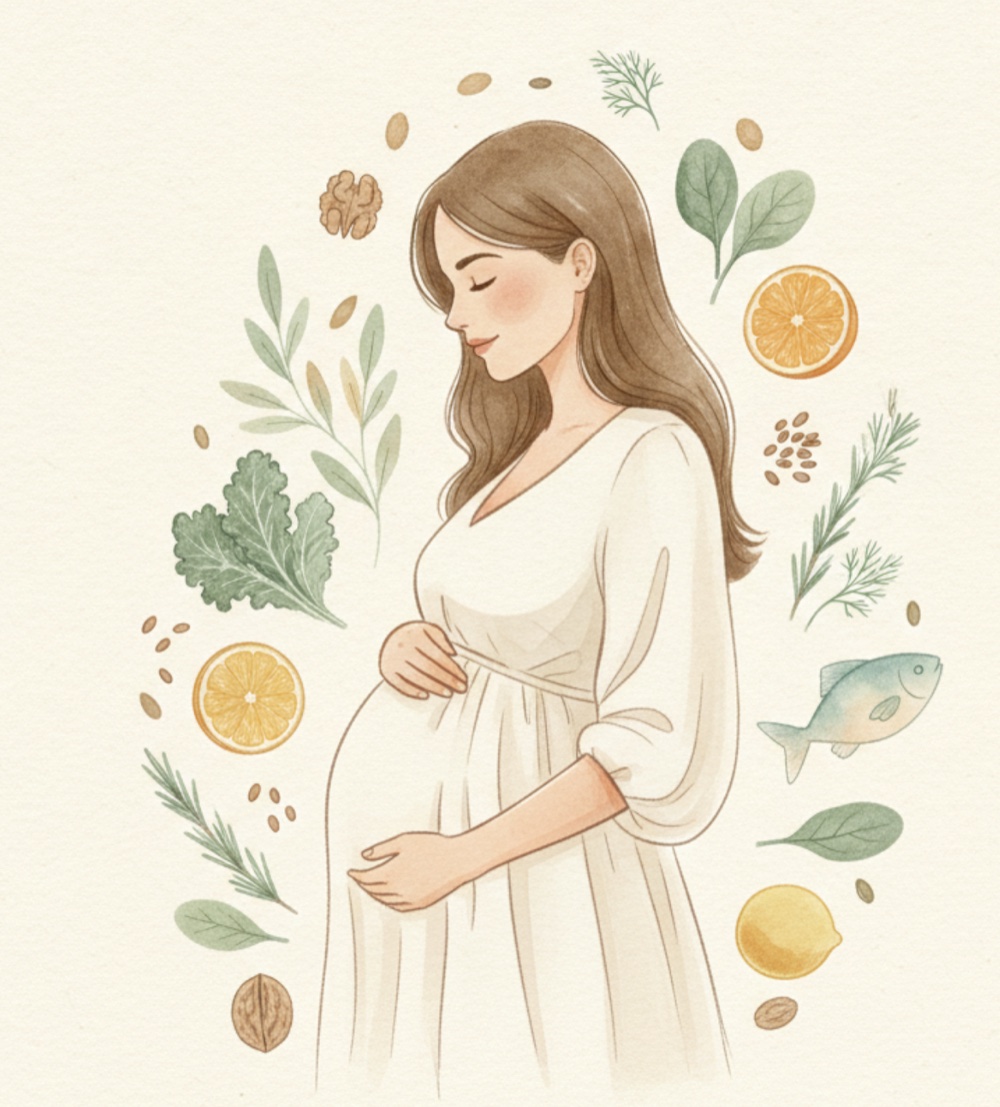 Illustration: Schwangere Frau, umgeben von nährstoffreichen Lebensmitteln