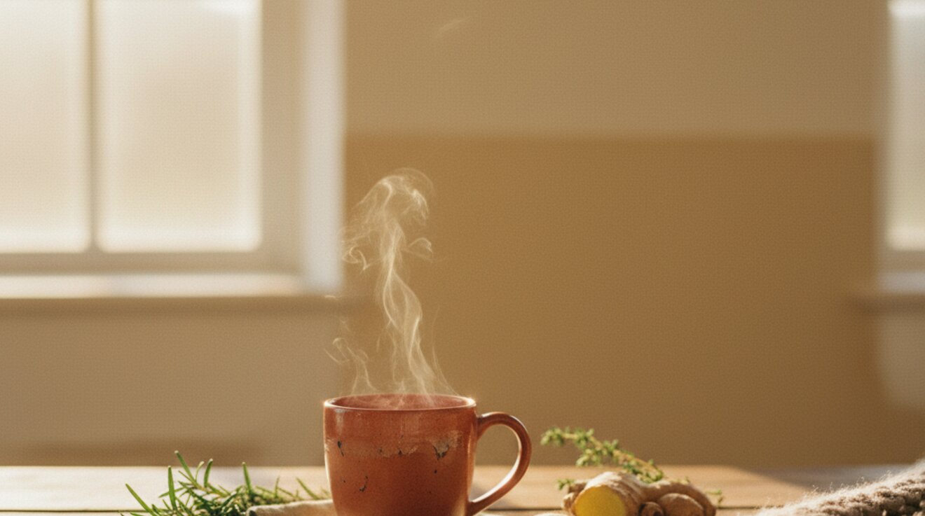 Dampfende Teetasse am Fenster