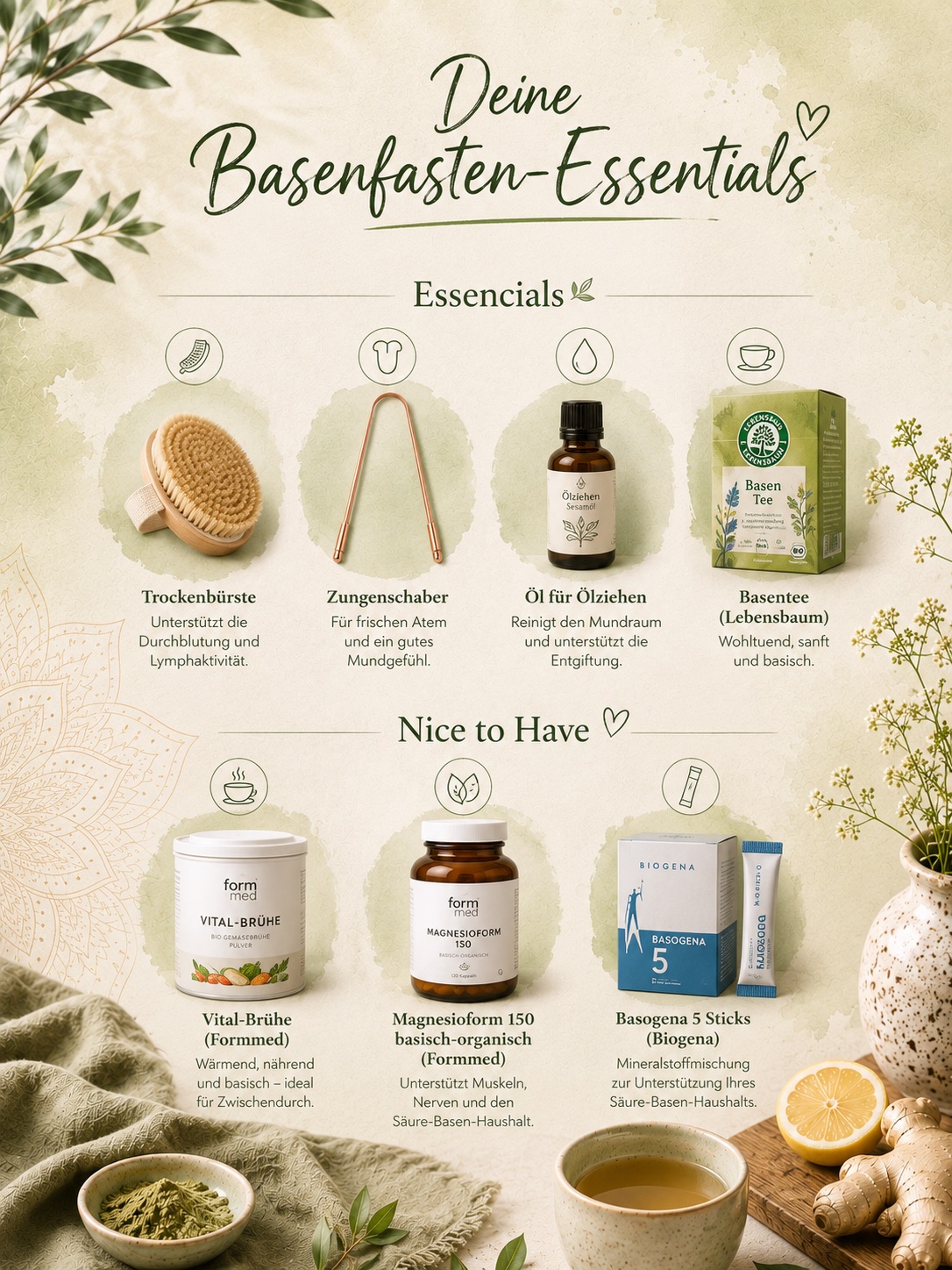 &Uuml;bersicht des optionalen Zubeh&ouml;rs zur Basenwoche: Trockenb&uuml;rste, Zungenschaber, &Ouml;l zum &Ouml;lziehen, Kr&auml;utertee sowie Vital-Br&uuml;he, Magnesioform 150 und Basogena 5 Sticks